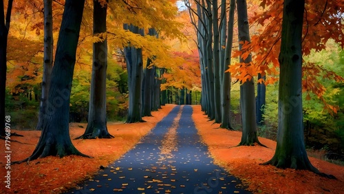 Trees with orange autumn leafs  lined up along a trail. Maple trees with fall foliage. Beautiful autumn background