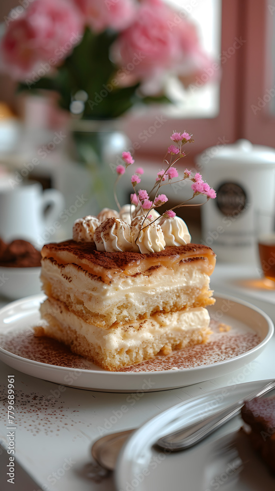 Slice of keto tiramisu with mascarpone cream on a white plate. Close-up shot of a dessert on a white table with a pink background Slice of keto tiramisu with mascarpone cream on a white plate. Close-up shot of a dessert on a white table with a pink background