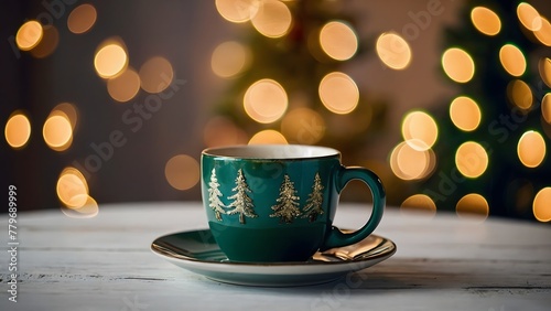 Portrait of a designed tea cup plate with bokeh blur Christmas background