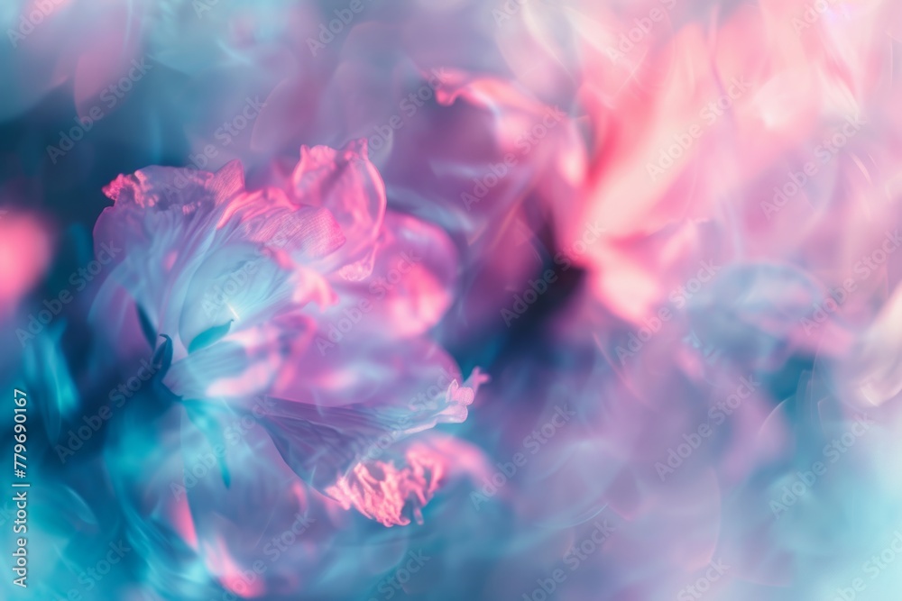 Dreamy floral abstract with soft pink and blue tones, evoking a romantic and ethereal atmosphere, ideal for creative backgrounds.

