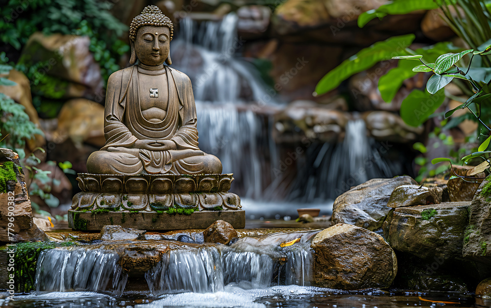 A Buddha sculpture in front of a waterfall cascading meditating concept. generative ai A Buddha sculpture in front of a waterfall cascading meditating concept. generative ai