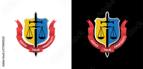 Two different colored logos for justice true impartiality. Logos black red and yellow.