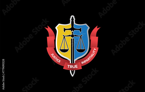 The logo represents true impartiality of justice. Logos are black, red and yellow.