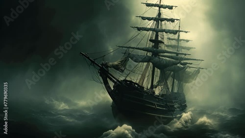 A pirate ship struggles to survive as it navigates through a treacherous storm, Mysterious phantom ship floating through foggy seas, AI Generated photo