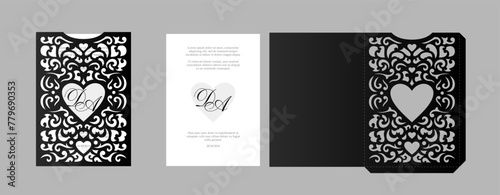 Template for laser cutting of wedding cards and invitations with heart and openwork 02