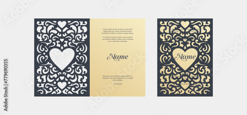 Template for laser cutting of wedding cards and invitations with heart and openwork