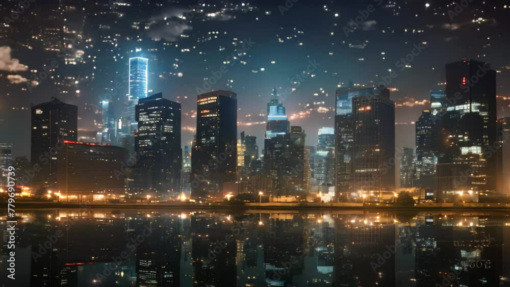 A bustling city at night engulfed by an enchanting starlit sky, Nighttime cityscape with the lights of office buildings, AI Generated A bustling city at night engulfed by an enchanting starlit sky, Nighttime cityscape with the lights of office buildings, AI Generated