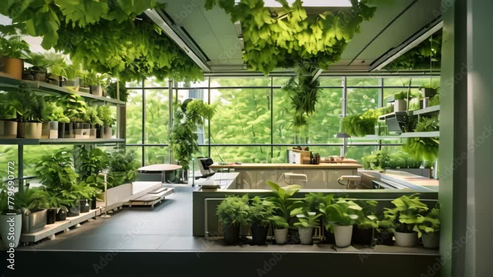 This Video showcases a room filled to the brim with an assortment of vibrant and flourishing green plants, Office building transformed into a green living space, AI Generated This Video showcases a room filled to the brim with an assortment of vibrant and flourishing green plants, Office building transformed into a green living space, AI Generated