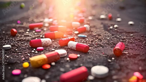 A collection of pills of various sizes and colors are scattered haphazardly on the ground, A visualization of the opioid epidemic, AI Generated photo