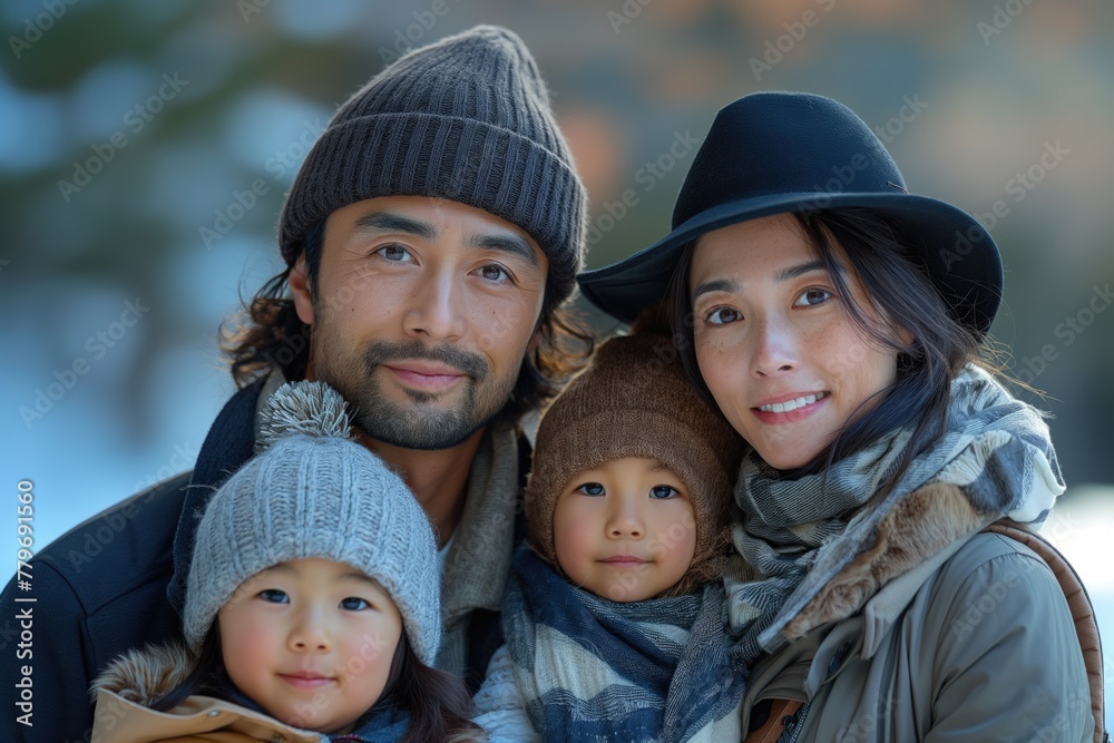 Famille asiatique en hiver avec des bonnets. Asian family in winter with hats. Famille asiatique en hiver avec des bonnets. Asian family in winter with hats.