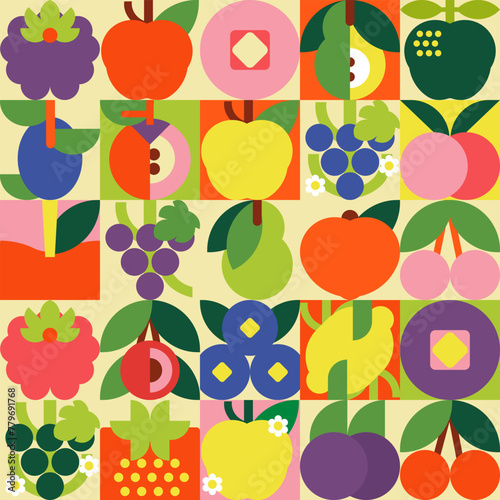 Seamless pattern with fruits. Geometric and minimalist style. Great for backgrounds, cards, posters, banners, textile prints, covers, web design.