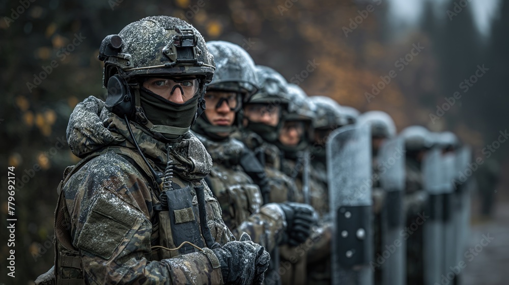 Soldats alignés en extérieur dans une zone de combat, forces spéciales. Soldiers lined up outside a combat zone, special forces.