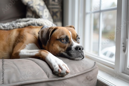 Boxer mix dog lounging on gray sofa peering out window at home