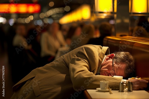 Man Asleep at Restaurant Booth with People in Background, Representing Exhaustion in Social Setting. photo