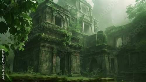 The photo showcases the remains of a decrepit building surrounded by dense foliage in the heart of the jungle, Abandoned ruins of an ancient city, AI Generated photo