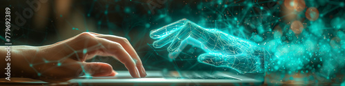 A person's hand reaches out from the screen of their laptop, with an AI brain floating above it in turquoise wireframe lines, illustrating concepts of digital intelligence and machine learning.  photo