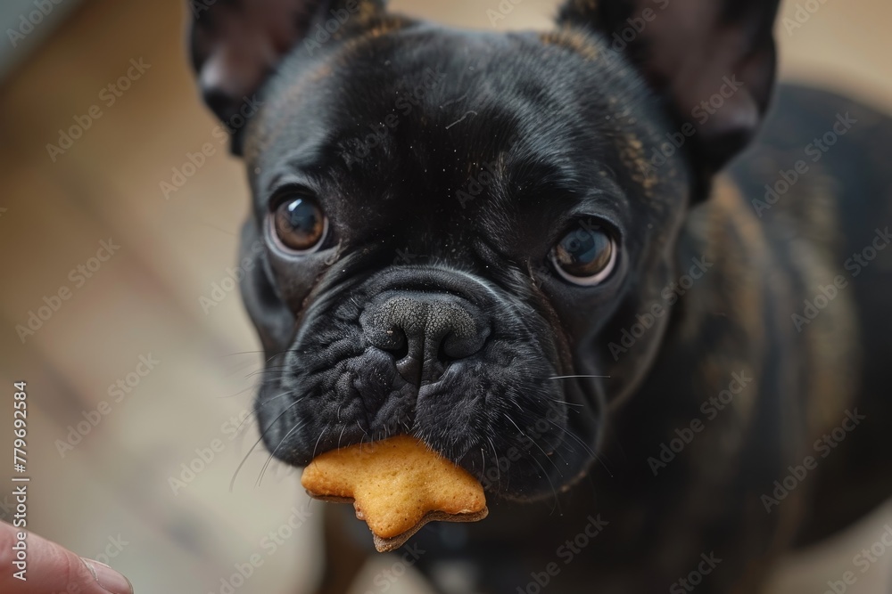 Brown frenchie enjoying a snack