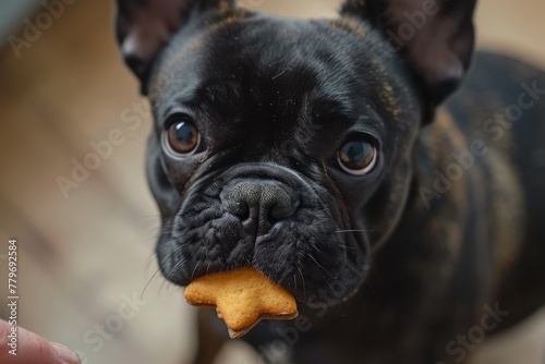 Brown frenchie enjoying a snack © VolumeThings