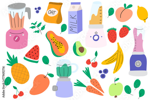 Set of smoothie in a blender or mixer and ingridients. Blender, papaya, avocado, milk, pineapple, mint, banana, strawberry, oat, mango, cherry, blueberry, carrot, watermelon.