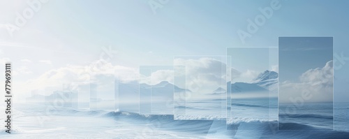 Abstract Concept of Transparent Squares Overlapping with Serene Ocean and Mountain Landscape.
