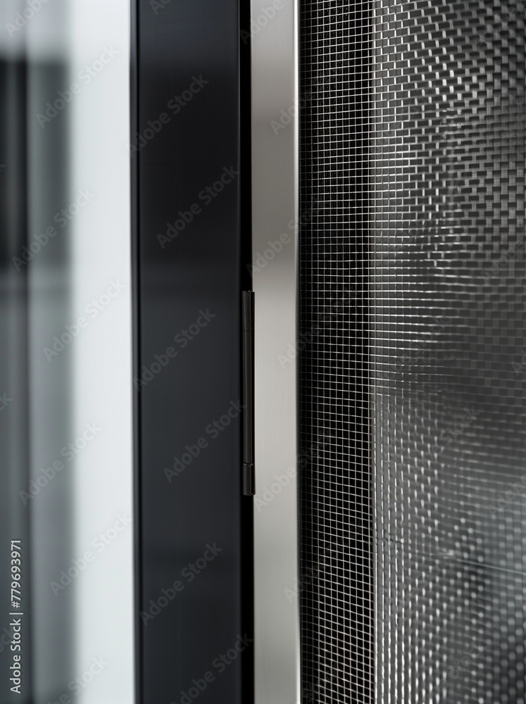 Ultra close up of the corner between two stainless steel mesh panels, modern minimalistic design with carbon fiber trim, designed in the style of teenage engineering