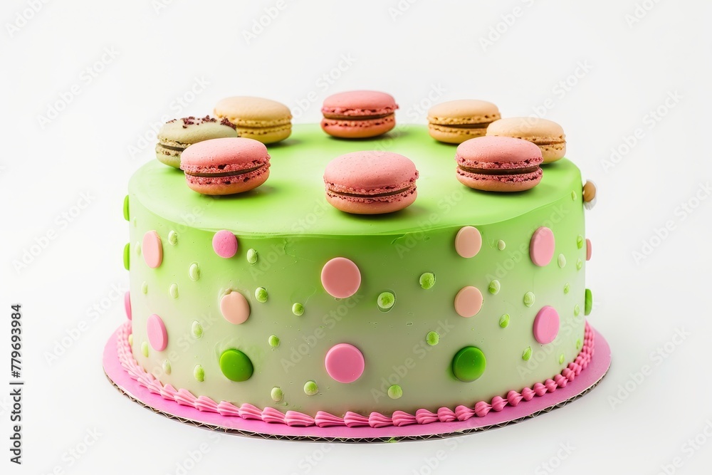 Colorful birthday cake with green and pink dots and macaroons on white Homemade kids party cake Colorful birthday cake with green and pink dots and macaroons on white Homemade kids party cake