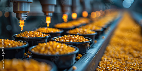 Semillas de maíz en envases de plástico siendo inyectadas con una modificación del ADN para mejorarlas genéticamente, línea de producción. 8 Abril Día Internacional Oposición Alimentos Transgénicos 
