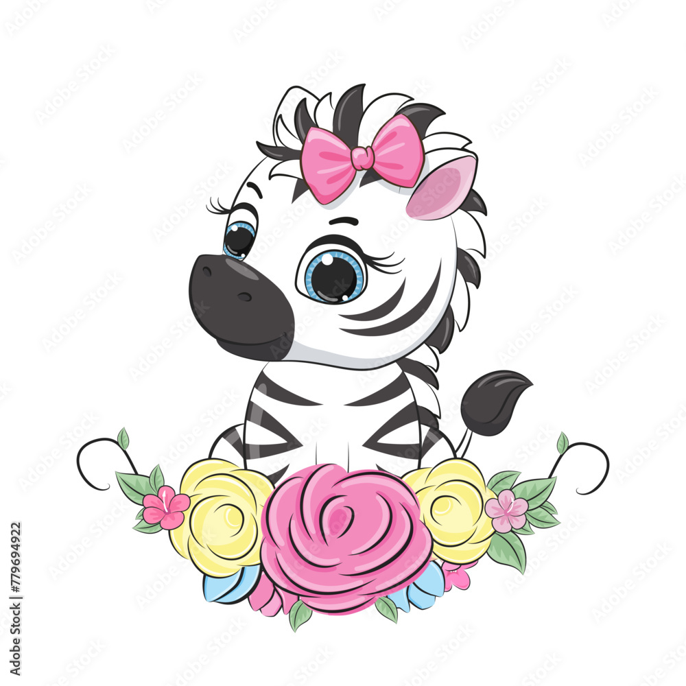 Fototapeta premium Cute baby zebra with floral wreath. Vector illustration