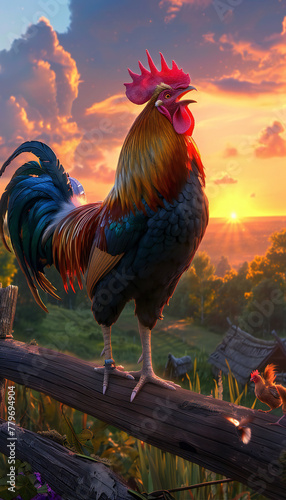 Vertical recreation caricature of a rooster singing at dawn in a farm 