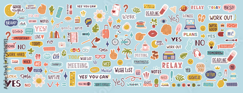 Big set of stickers for weekly or daily planner and diaries. Hand drawn doodle illustration for scrapbook. Very large collection.