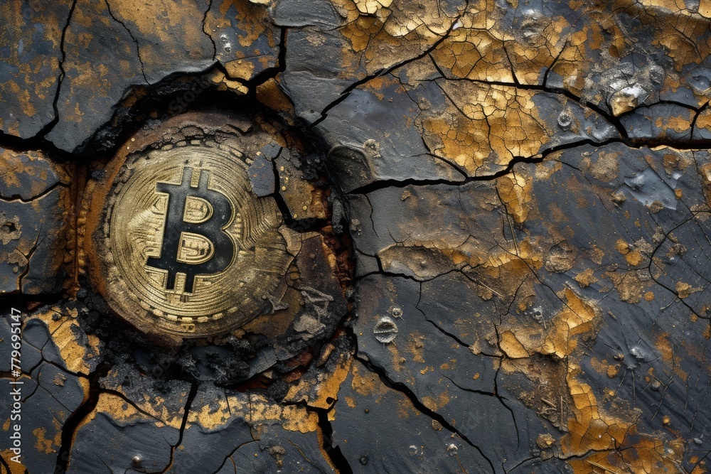 Bitcoin Coin Embedded in Cracked Earth Texture, Symbolizing Economic Volatility and Cryptocurrency Challenges.