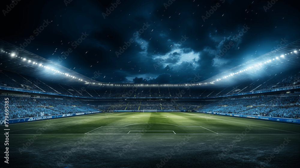 Stade de foot, grand spot de lumière, gazon, pelouse. Ciel nuageux. Football, match, sport. Pour conception et création graphique. Stade de foot, grand spot de lumière, gazon, pelouse. Ciel nuageux. Football, match, sport. Pour conception et création graphique.