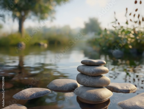 A stack of rocks is floating on the surface of a calm body of water. The scene is serene and peaceful  with the rocks creating a sense of stability and tranquility