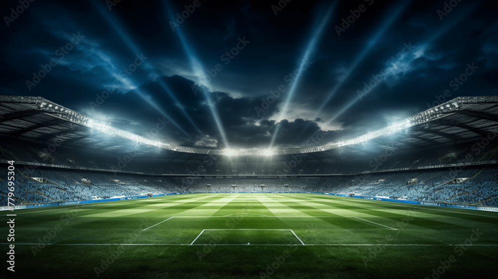 Fototapeta premium Stade de foot, grand spot de lumière, gazon, pelouse. Ciel nuageux. Football, match, sport. Pour conception et création graphique. 