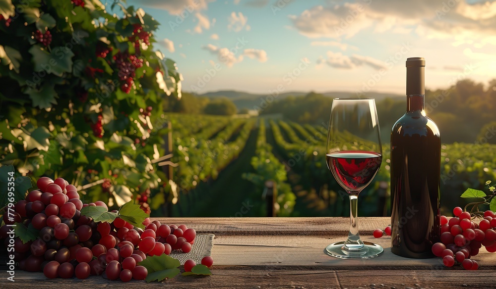 Vineyard sunset with red wine, grapes, and rustic wood table
