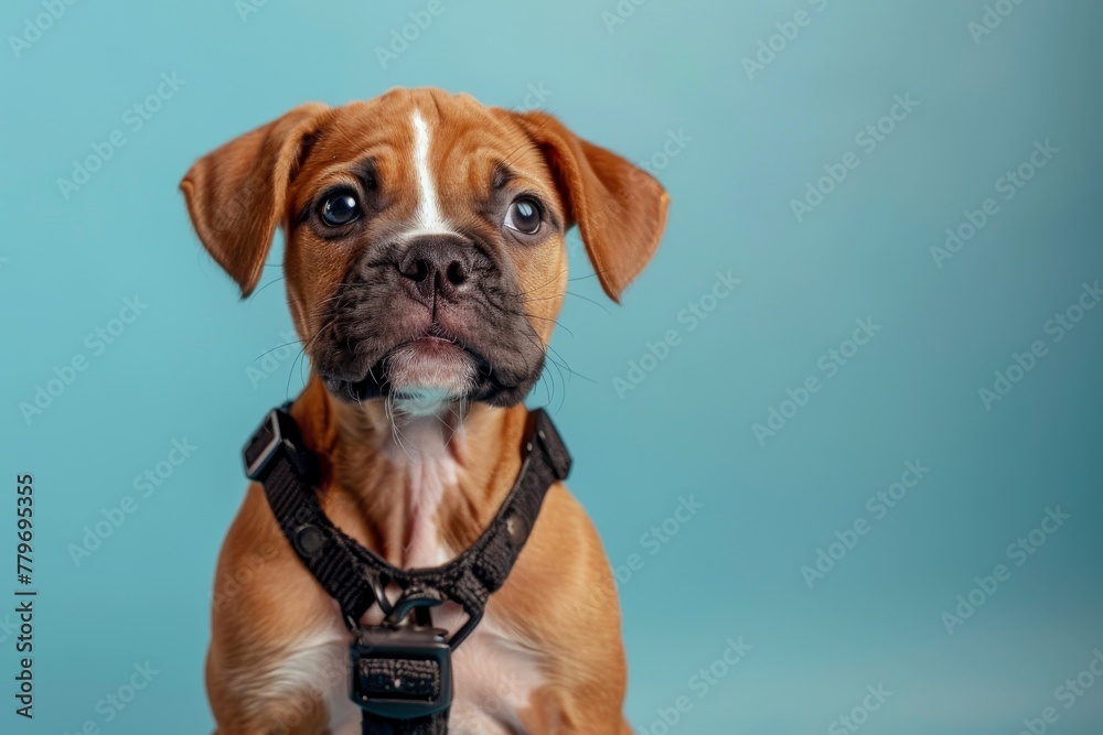 Female Boxer mix puppy with harness fawn color 4 months old looking at camera on blue background