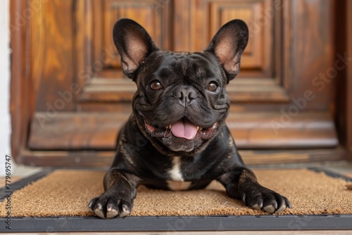 French bulldog eagerly waiting to be taken for a walk by owner lounging on doormat