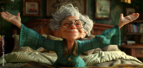 Recreation of a happy grandma disheveled girl stretching at dawn on her bed  © bmicrostock