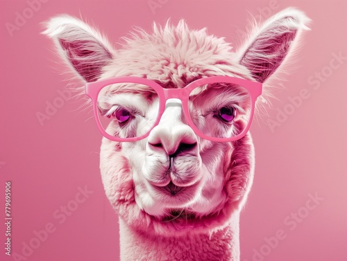 alpaca wearing pink glasses and wrapped in a scarf. vibrant magenta color background © zayatssv