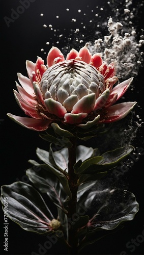 A detailed image showcasing an elegant protea flower with dynamic splashing water on a black background photo