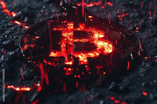 Digital Representation of Bitcoin Cryptocurrency with Glowing Red Circuitry, Symbolizing Digital Finance and Technology.