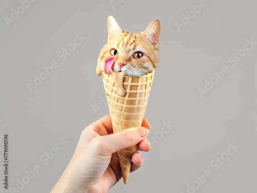 ice cream with cat face, hand holding ice creme , realistic photo, food photography