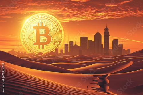 Giant Bitcoin Emblem Hovering Over a Desert Cityscape at Sunset, Symbolizing Technological Progress in Finance.