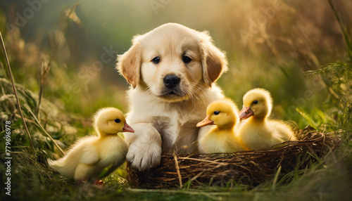 A golden retriever puppy playing with ducklings. photo