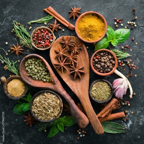 Exotic Flavors: Array of Indian Spices on Black Stone Background