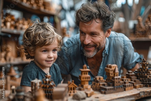 Smiling father and son enjoy time together observing intricate wooden sculptures and buildings