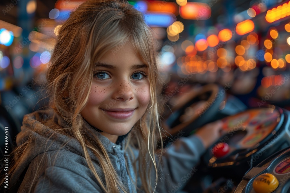 Happy and focused young girl with freckles enjoys herself at an arcade driving game machine