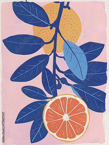 Trendy hand drawn art poster with Lemon or citrus  plant. Fashion summer wallpaper with citrus