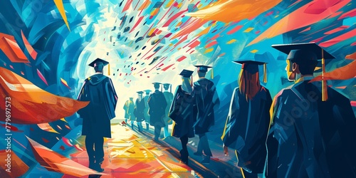 Digital painting of a group of graduating students. Education and school concept.