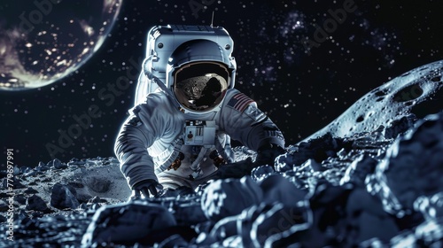 An astronaut crouching on a moon's surface with Earth in the backdrop, depicting space exploration and research.
